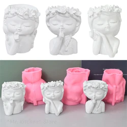 3D Cute Girl Flower Pot Mould DIY Desktop Ornament Plant Pot Silicone Mold