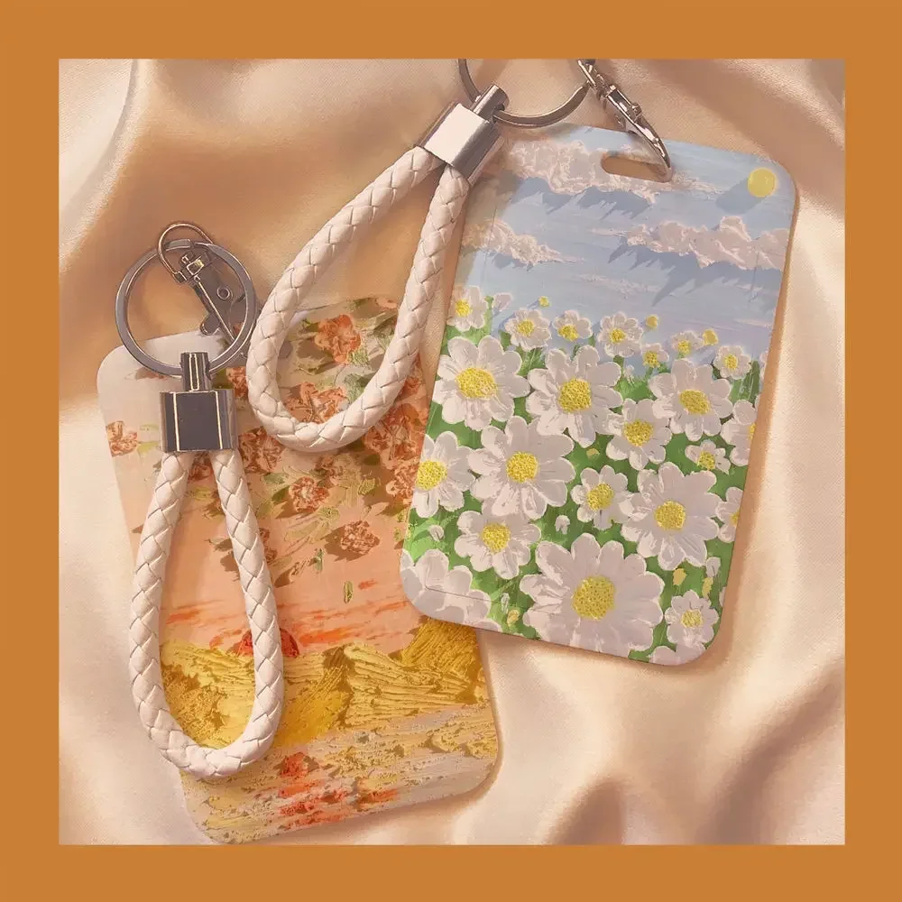 1 Pc Cute Stduent Card with Lanyard Keychain Holder Retro Oil Painting Landscapr Scenary Card Holder ID Student Card Protector