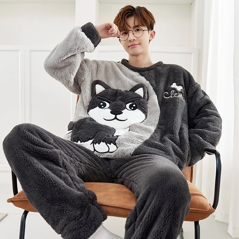 

Winter Adult Men Pajamas Set Thicken Plush Sleepwear Korean Loose Unisex Pyjama Suit Round Neck Cartoon Dog Homewear Clothes