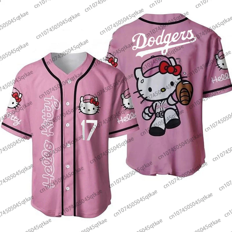 

Hello Kitty Special Edition Baseball Jersey Dodgers No.17 Button Football Tshirt Breathable Oversized Sport Tops Women Clothing
