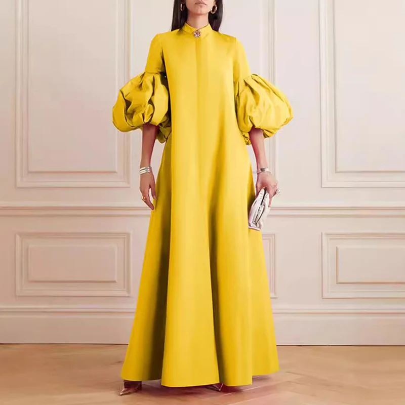 New Stand Collar Party Dresses Woman Elegant Luxury Spring Half Lantern Sleeve A-Line Long Dress Autumn Solid Floor-Length Dress