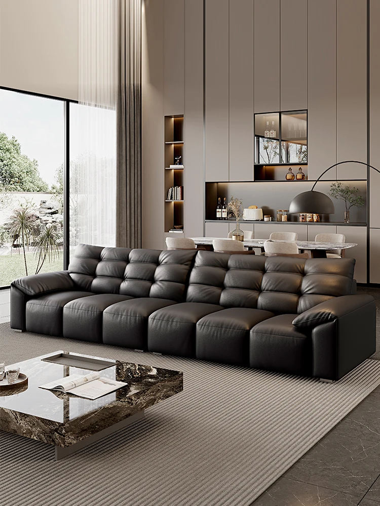 

New big black bear leather sofa small apartment straight Italian minimalist top layer leather sofa