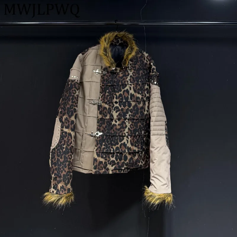 

Мужская стеганая куртка MWJLPWQ в новом стиле с леопардовым принтом, меховым воротником и элементами пэчворка, модная свободная теплая хлопковая куртка в уличном стиле, модель 13080