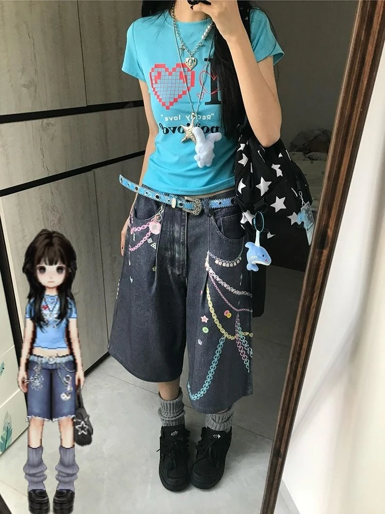 

2026 Y2K Kawaii Denim Bermuda Shorts Women High Waist Dark Wash Chain Print Baggy Wide Leg Casual Streetwear Shorts Women Pants