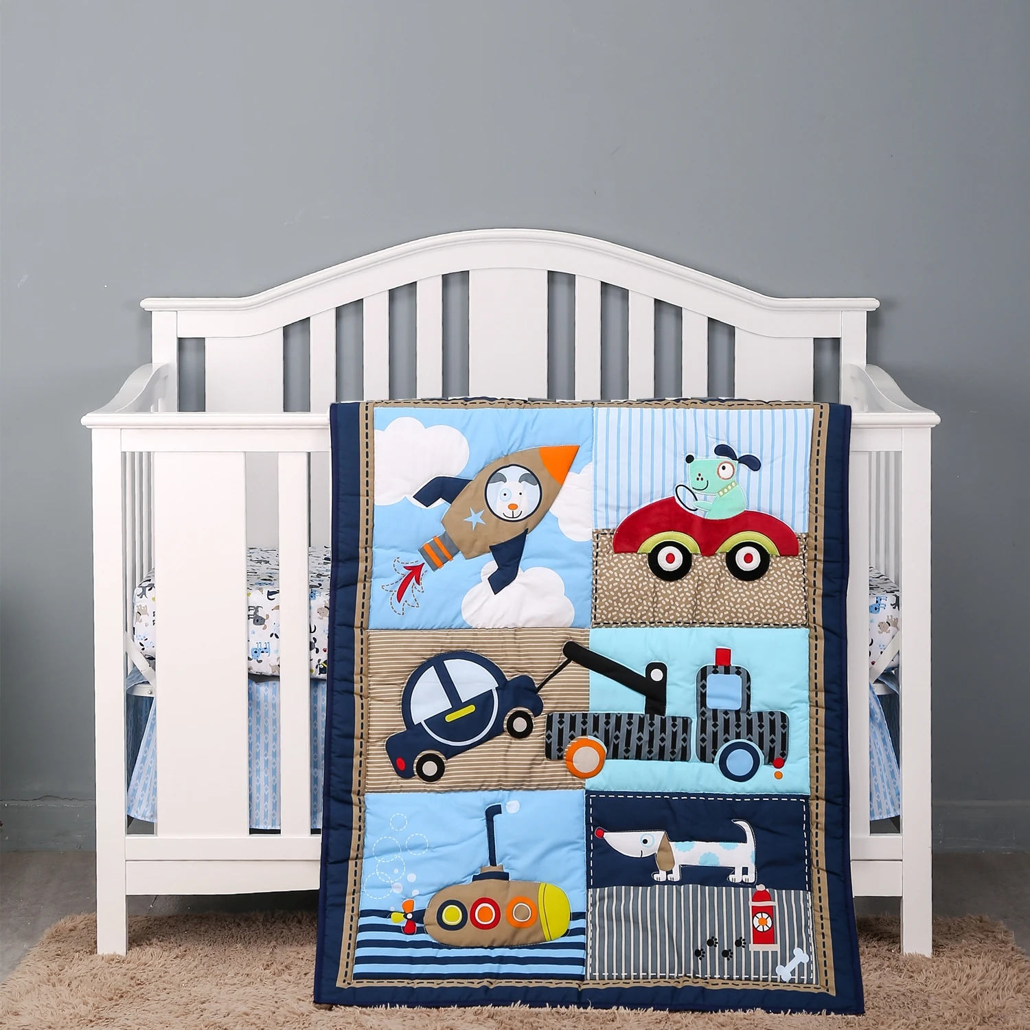 Luxury Crib Baby Bedding Set For Newborns Cartoon Vehicle Kid Bed Linen Comforter sets 3Piece Comforter Fitted Sheet Crib Skirt