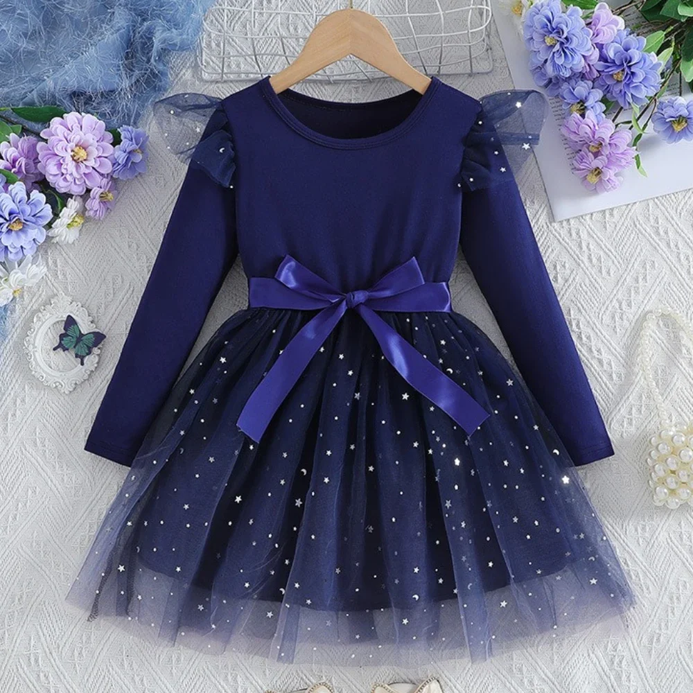 الدب زعيم طفلة فساتين الخريف شبكة الربط فستان بأكمام طويلة الترتر القوس الديكور حفلة عيد ميلاد ملابس الأطفال #2