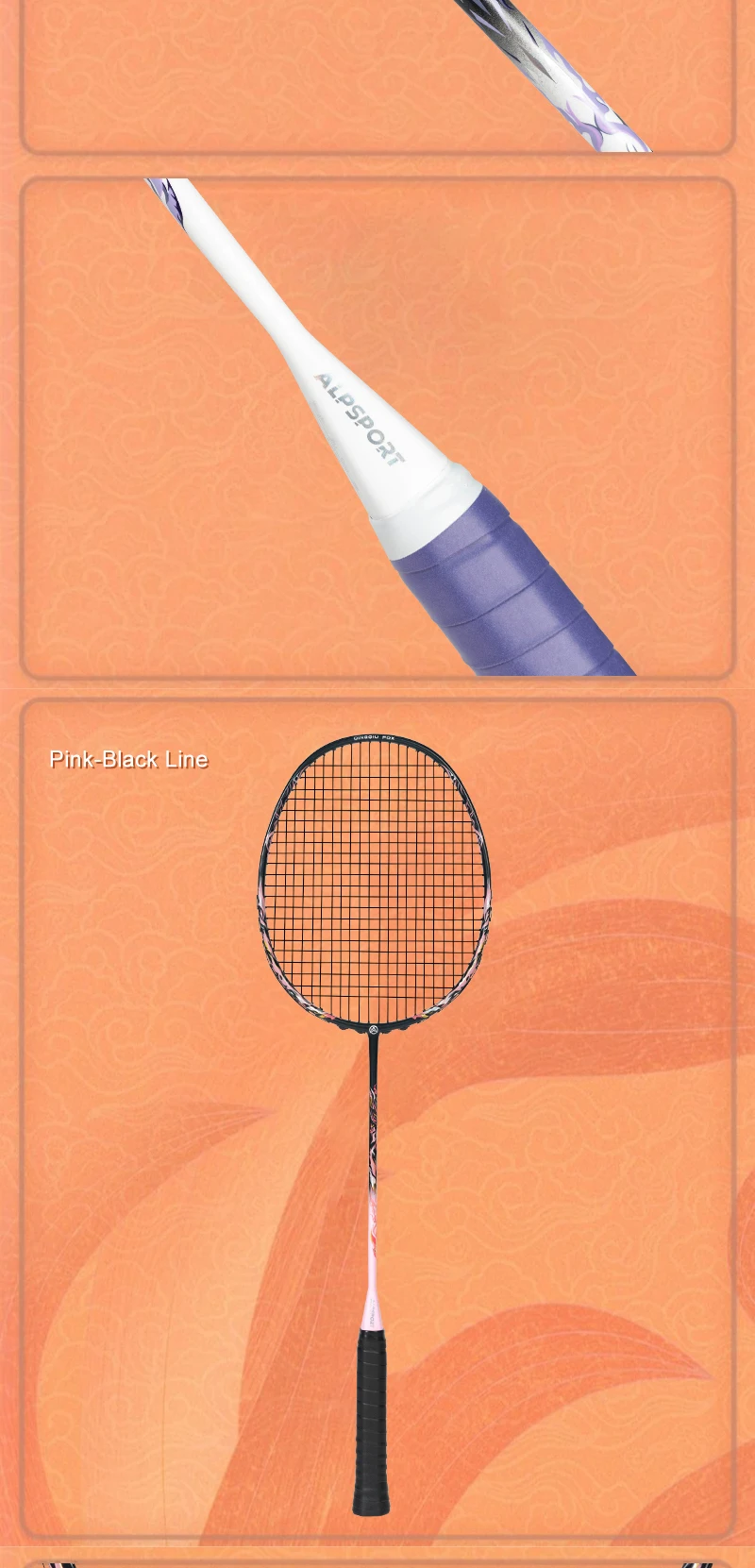 ALPSPORT Badmintonschläger AIR-FOX 8U G6 Ultraleichter 62 g T800 Kohlefaser Max. 30 lbs Lila/Schwarzer Schläger – Detail 13