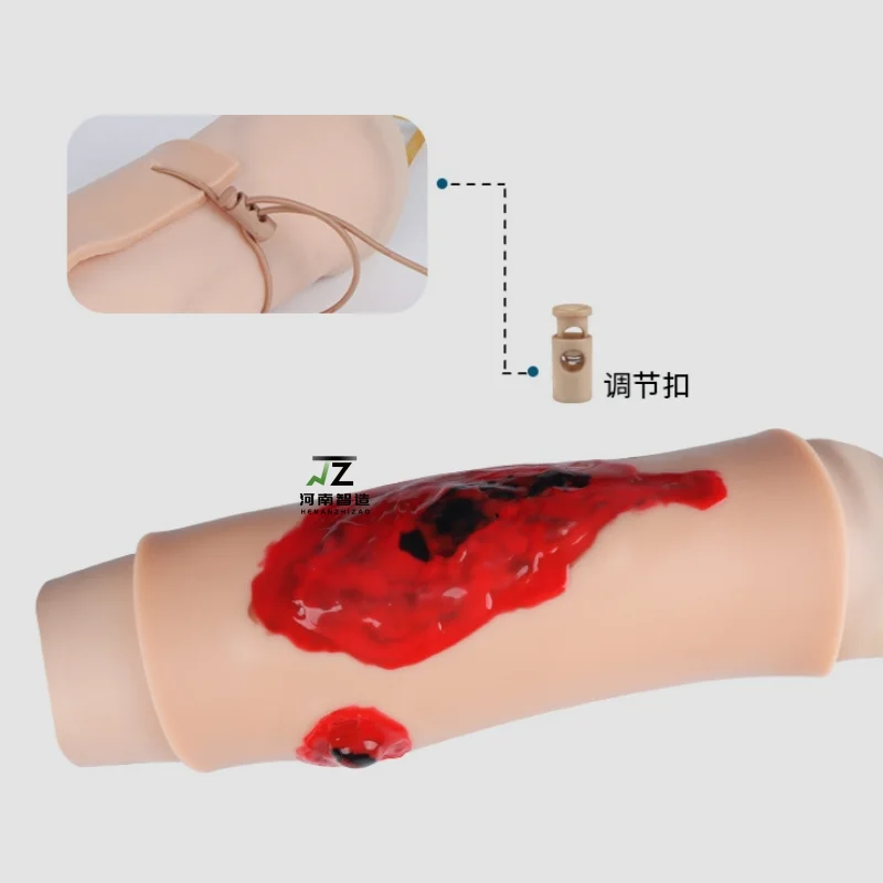 The wearable highly realistic wound simulation skin module of the trauma model simulates surgical trauma wounds