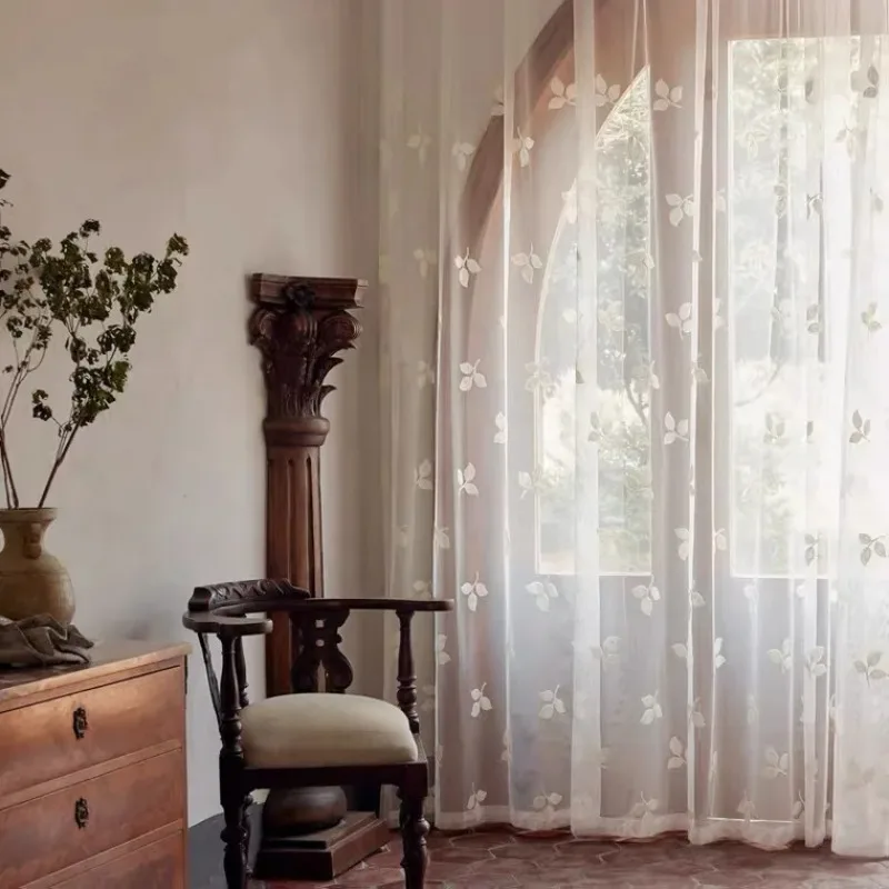 American White Leaf Embroidery Window Screen Curtains Living Room Bedrooms Balconies Bay Windows Customized Finished Products