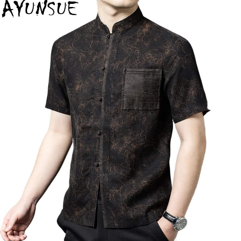 

AYUNSUE High-end 100% Real Mulberry Silk Shirts for Men Luxury 26 Summer Short Sleeve Tops Printed Gauze Silk Shirt Reversibel