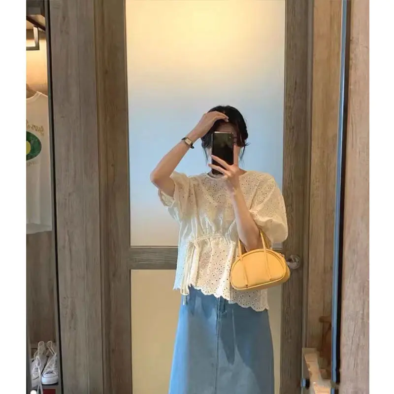 

Women Clothes Summer Korean Fashion Printing Contrasting Colors O-neck Puff Sleeve Femme All-match Refreshing Short Sleeve Tops