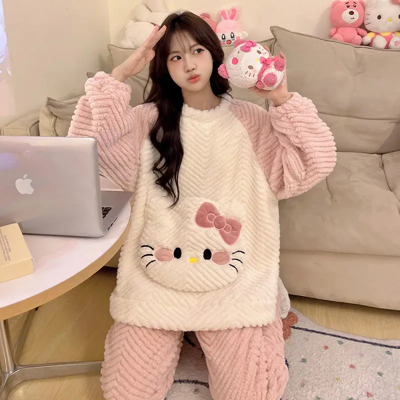 Hot Sanrios Hello Kitty Coral Velvet Pajamas Cinnamoroll Girls Winter Cotton Coat Plus Velvet Thickened Couple Set Home Clothes