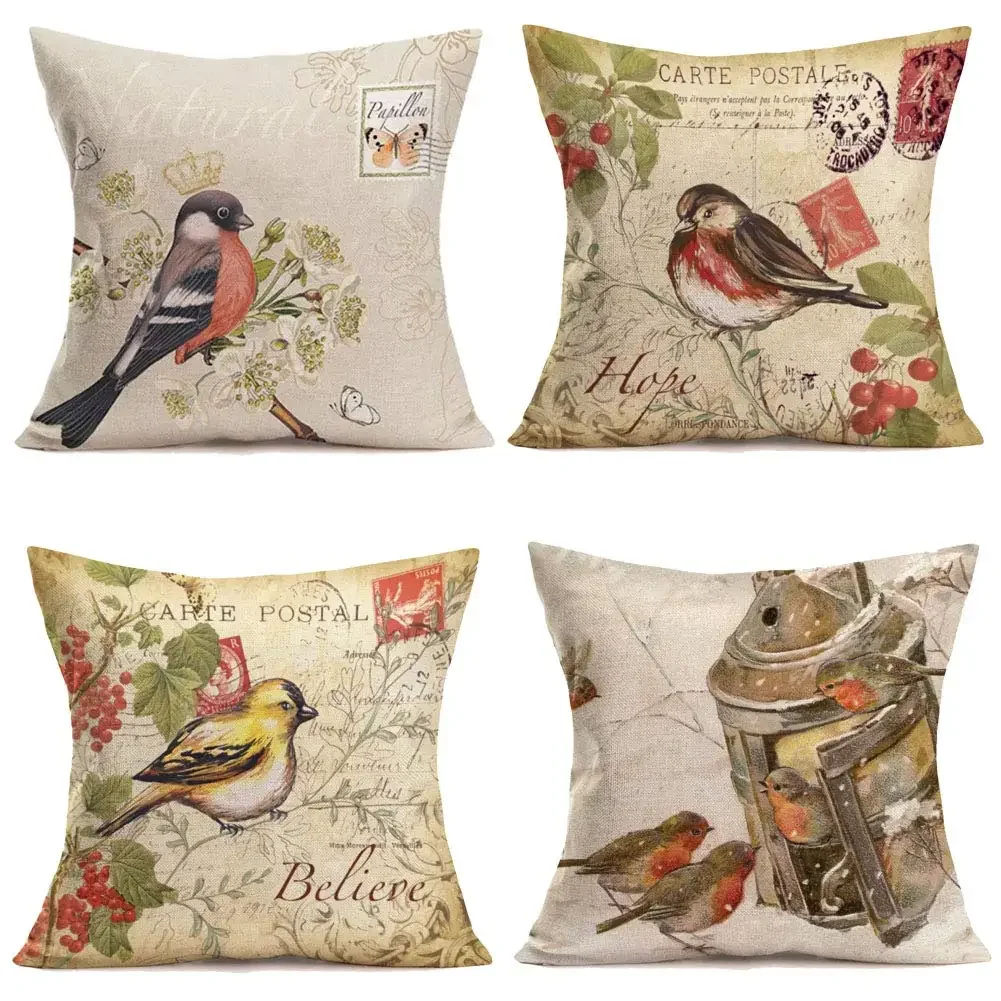 Bird Magpie Retro Printed Linen Pillowcase Sofa Cushion Cover Home Decoration Can Be Customized for You