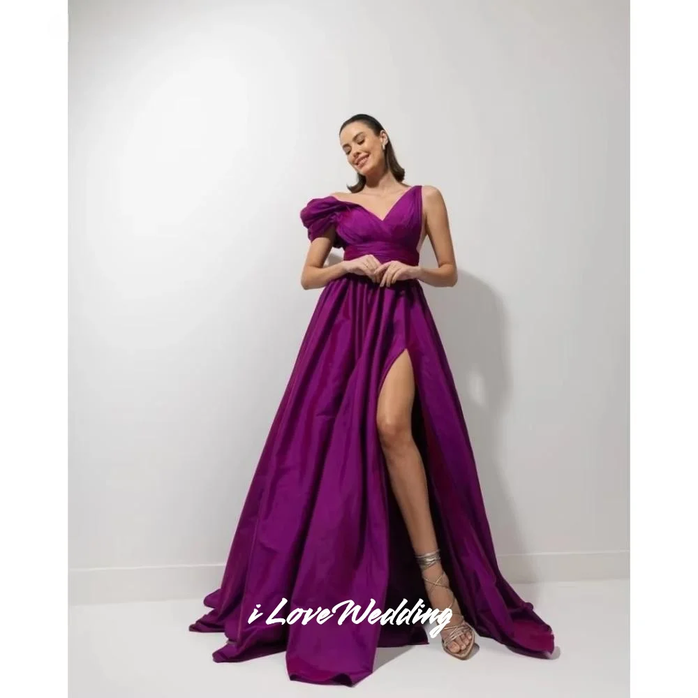 

Purple V-Neck Prom Dress 2025 Satin Sleeveless A-Line Side Split Floor-Length Satin Velvet Pleated Wedding Party Dress Customize