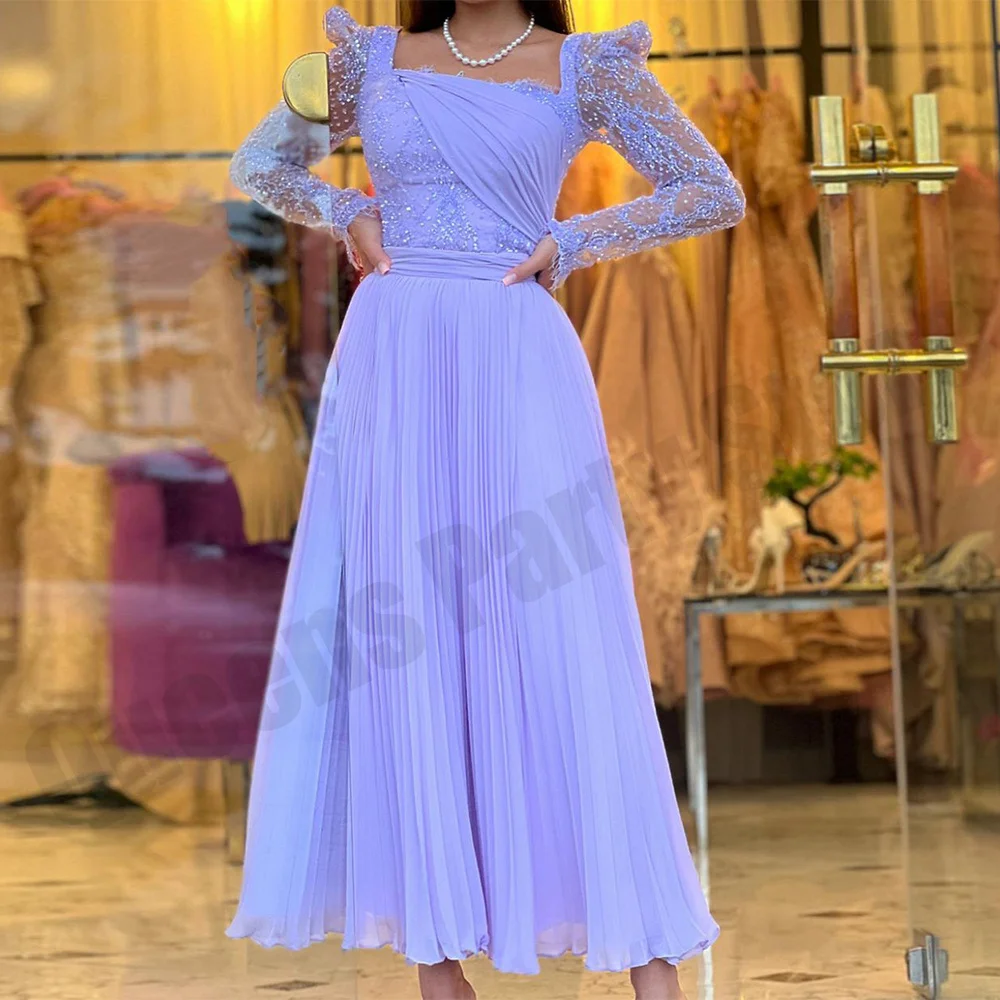 Lavender Chiffon Prom Dress Long Sleeves Square Neck Glitter Lace A Line Saudi Arabic Evening Dresses Tea Length Party Gown