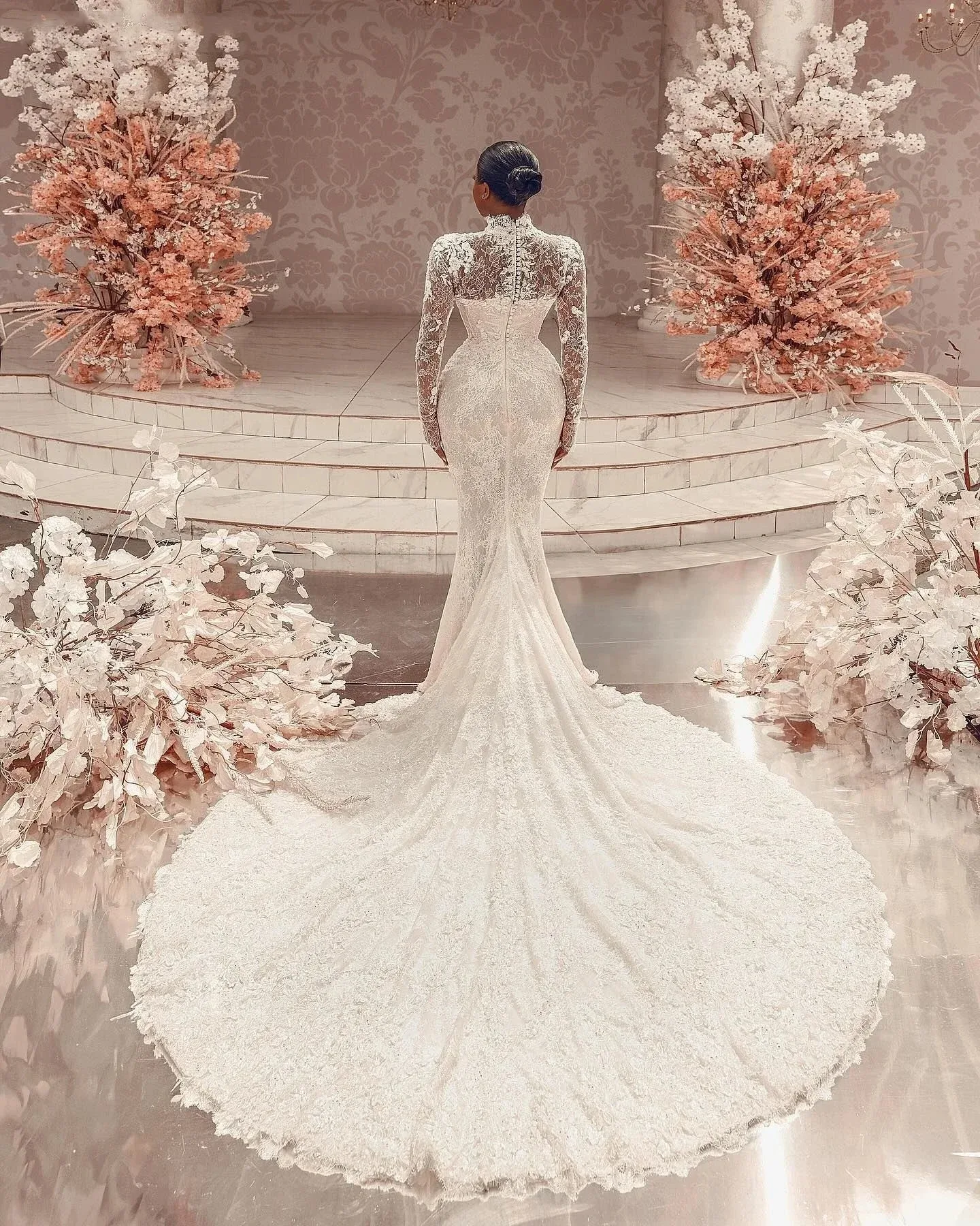 Personalizado 2026 vestido de casamento de manga cheia sereia vestido de noiva alta pescoço muçulmano vestido de noiva renda robe de mariage novia