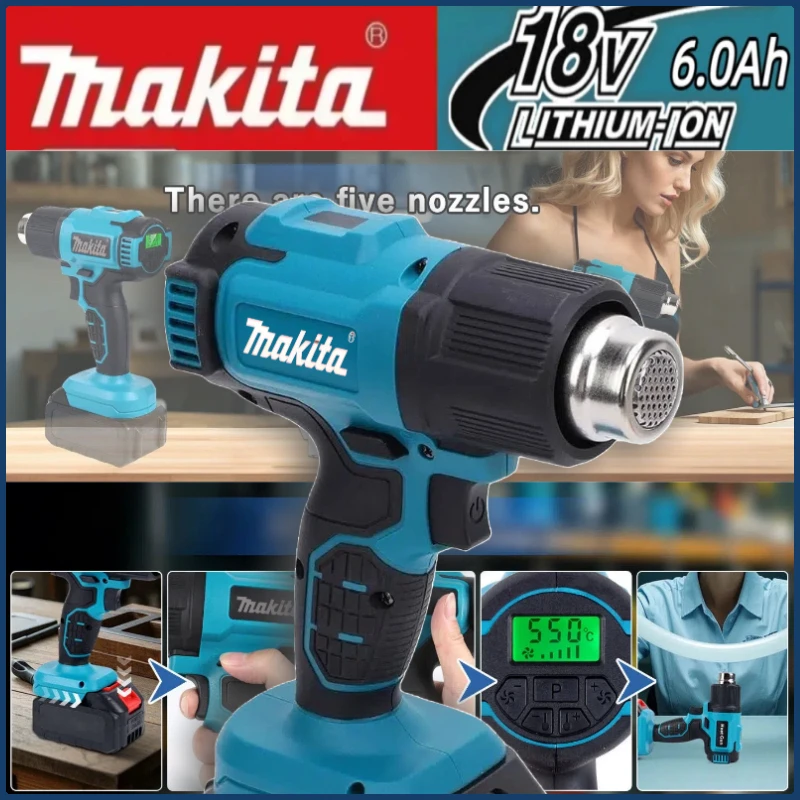 ماكيتا 18 فولت 550 ° مسدس حراري للتحكم في درجة الحرارة C مسدس هواء ساخن محمول لاسلكي مع شاشة LED منفاخ حراري لحام #4