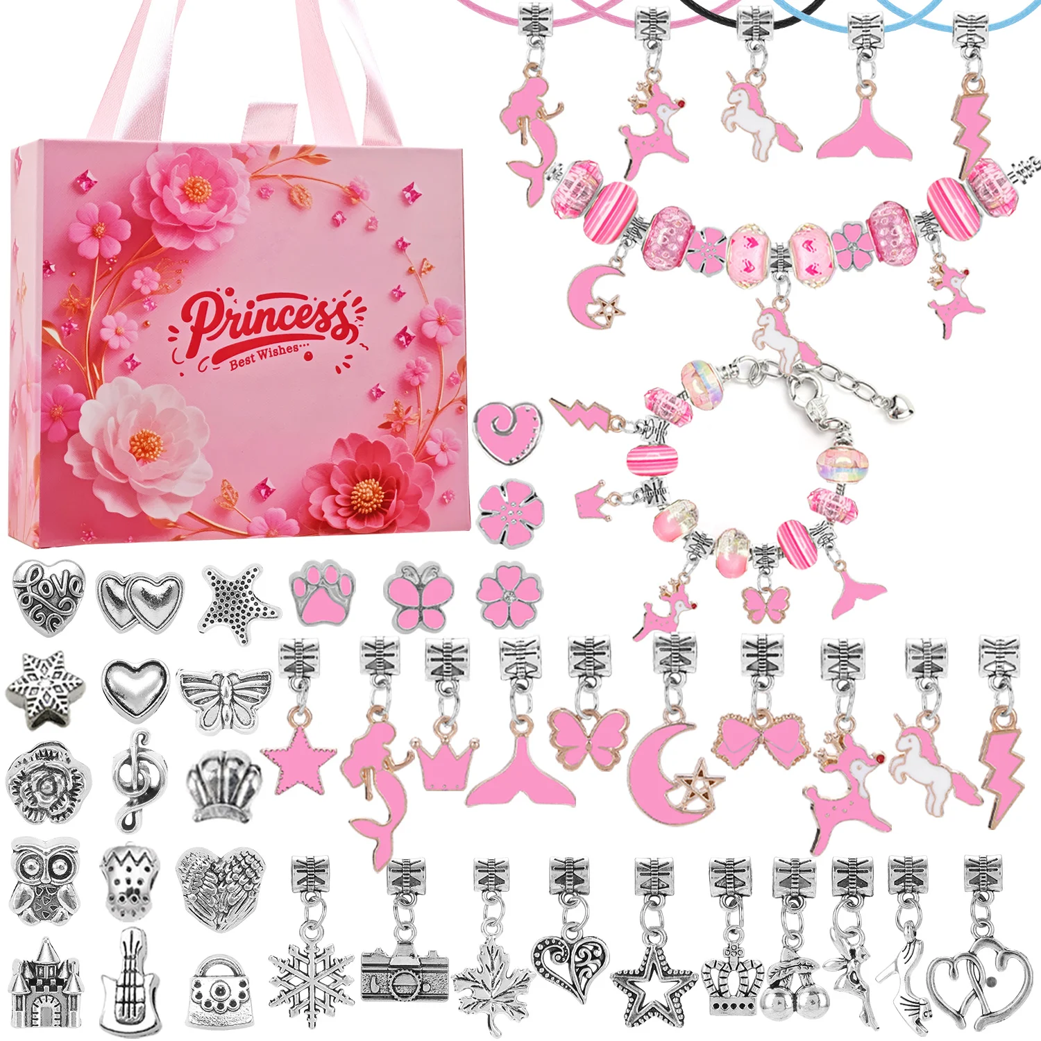 

Новый подарочный набор розовых украшений из 67 предметов, модный комплект украшений из бисера, набор браслетов ручной работы «сделай сам», идеально подходит для дня рождения, Рождества