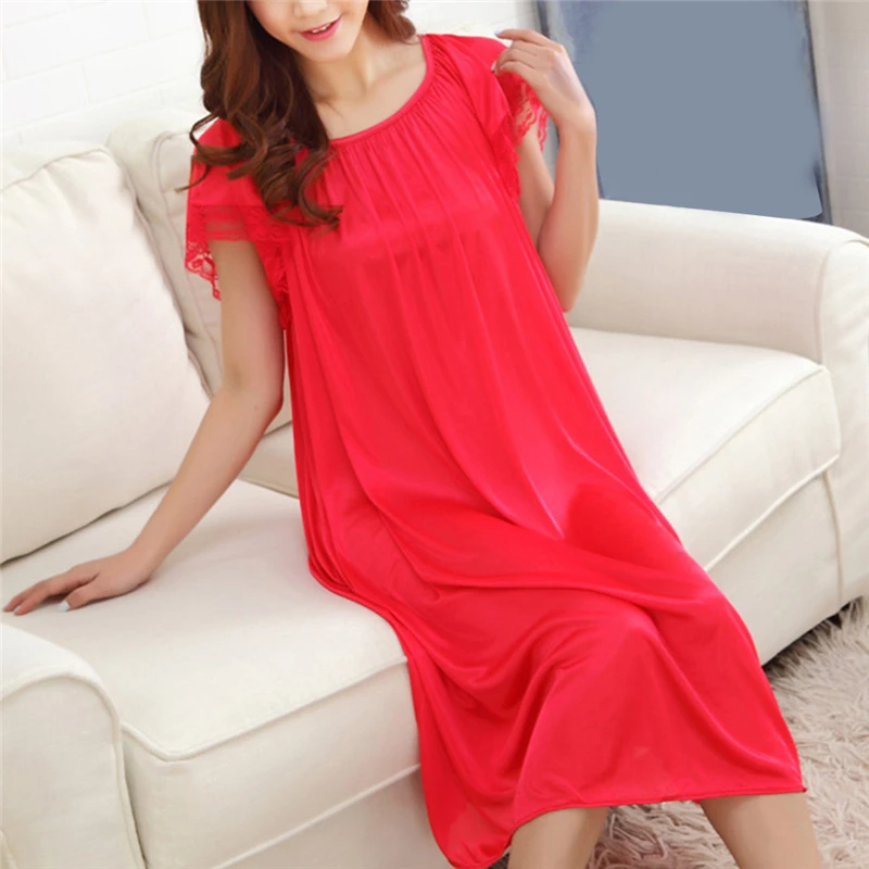 Women Night Gowns Sleepwear Lace Patchwork Nightwear Long Sleeping Dress Casual Ladies Home Dressing