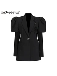 TWOTWINSTYLE Solid Designer Blazers For Women Shawl Collar Puff Sleeve Tunic Patchwork Button Temperament Coats Female Fashion