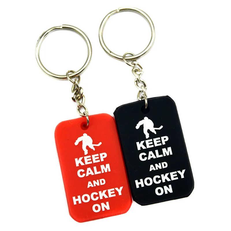 25 Pcs Keep Calm and Hockey on Silicone Dog Tag Keychain Motivational Logo Key Ring Black and Red