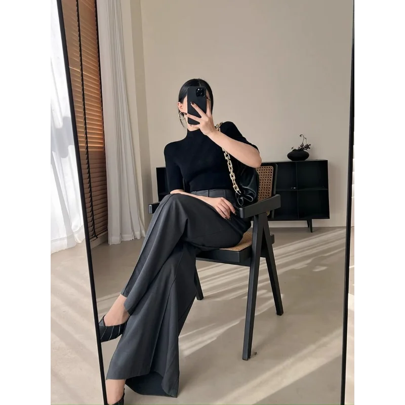 رمادي الراقية دعوى السراويل النساء في الربيع والخريف مستقيم الساق الطابق السراويل فضفاضة تغطي اللحوم عارضة السراويل #3