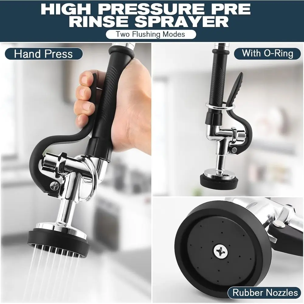 21 Wall-Mounted Commercial Sink Faucet with Pre-Rinse Sprayer, Adjustable Centers, and Pull-Down Spray