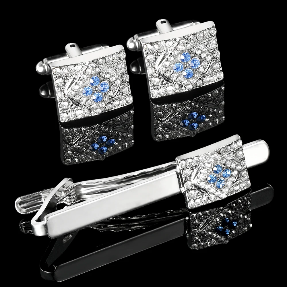 Novelty Luxury Rectangle Rhombus Full Crystal Cufflinks&Tie Clip Set Blue And Clear Rhinestone Paved Jewelry For Men