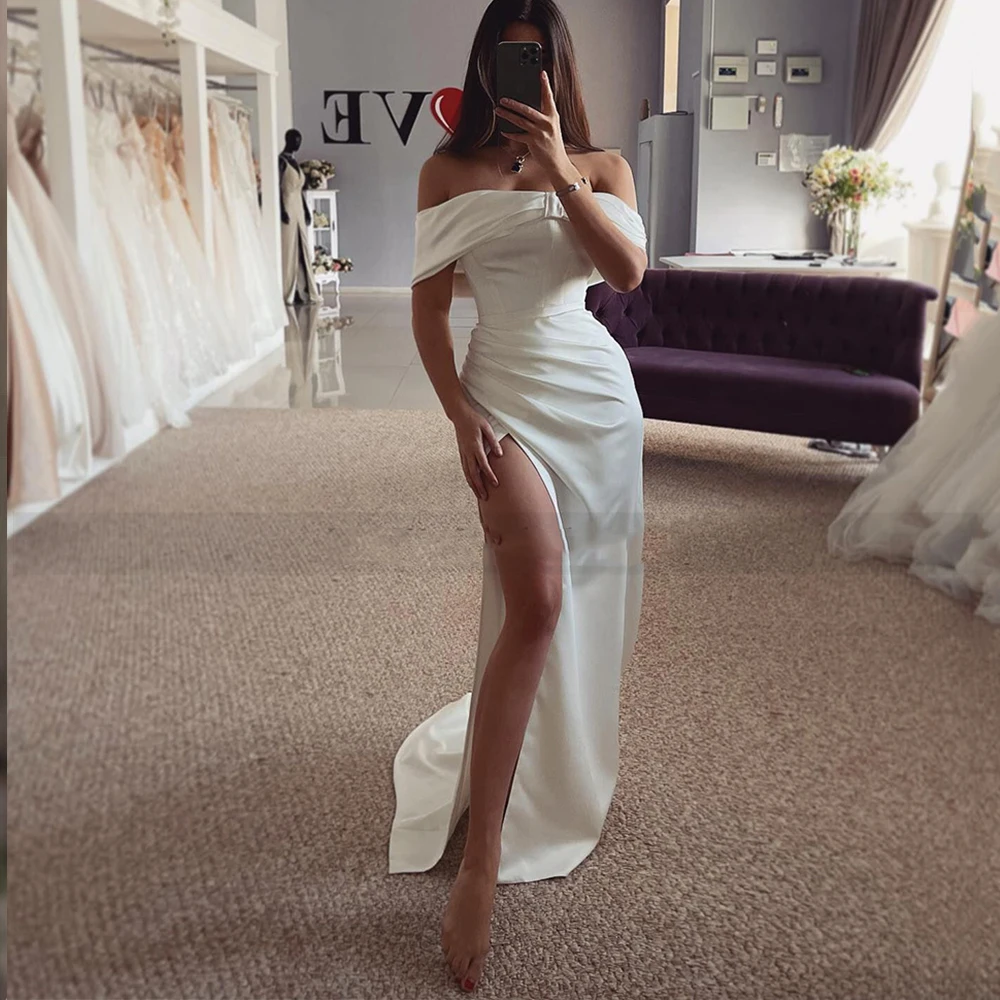 White Satin Mermaid Wedding Dresses Vestidos de Noiva Sereia off Shoulder High Slit Stunning Customize To Measures Robe De Mar