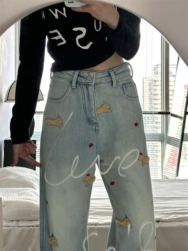 시사스 자수 장식 데님 청바지 여성 플러스 사이즈 와이드 레그 팬츠 루즈 슬림핏 바닥 길이 캐주얼 하이웨이스트