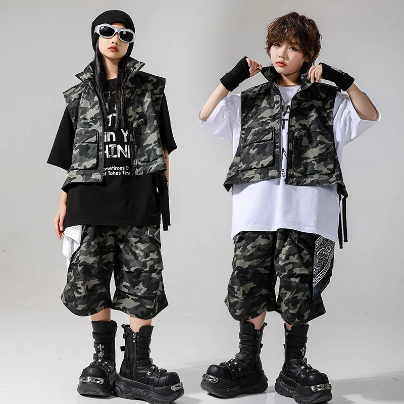 

Kid Kpop Hip Hop Clothing Camouflage Sleeveless Jacket Vest T Shirt Casual Cargo Shorts for Girl Boy Jazz Dance Costume Clothes