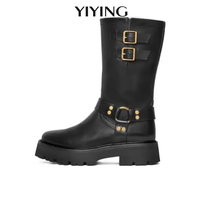 Luxury Brand Designer Belt Buckle Boots Women 2024 New British Style Thick Heel Ankle Boots Winter Fur Warm Chunky Boots Female