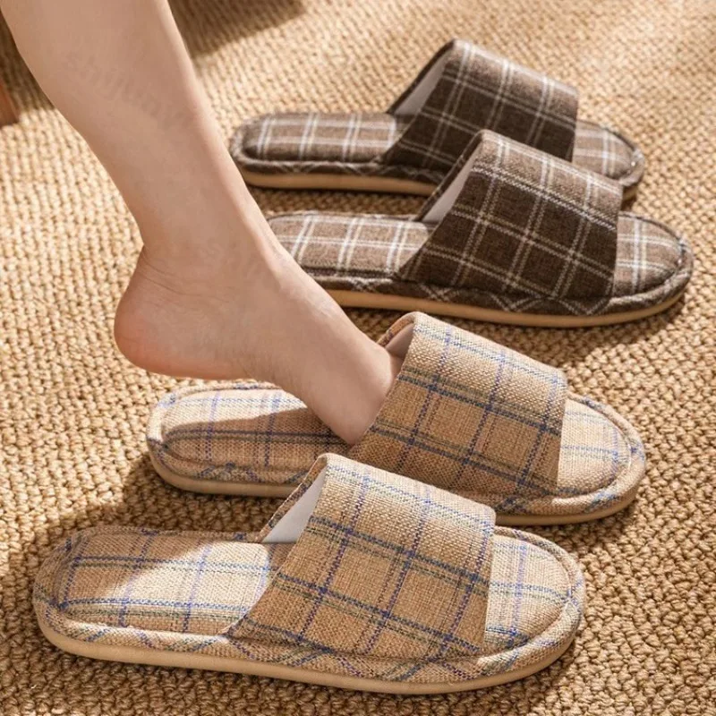 Couples Home Shoes Women Linen Slippers 2026 Spring Indoor Soft Comfortable Bedroom Slippers Leisure Non Slip Flats House Shoes