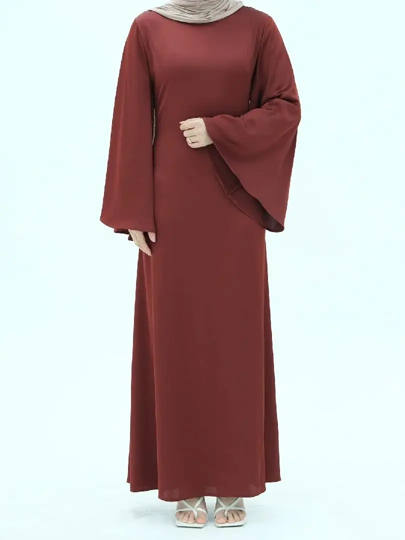 

Flare Sleeve Plain Dress For Abaya Damen Dubai Islam Muslim Long Modest Dresses Women Robe Femme Musulman Vestidos Para Mujer