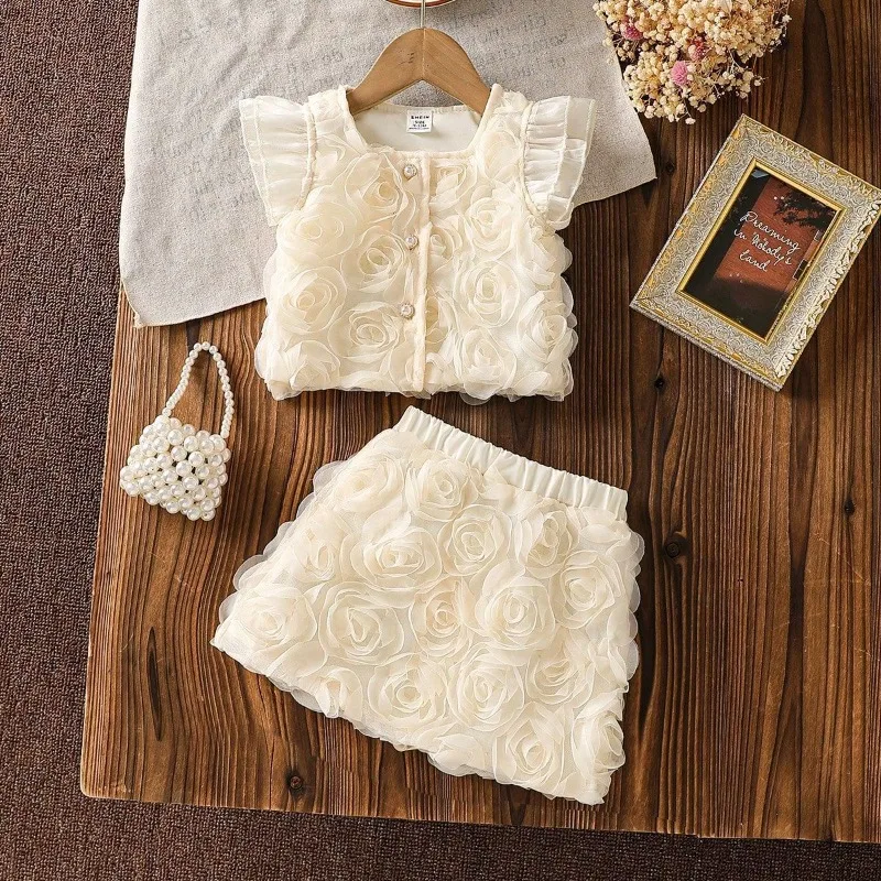 

Летний комплект из двух предметов для девочек 2026: юбка и топ в стиле французского люкса с цветочным узором из роз