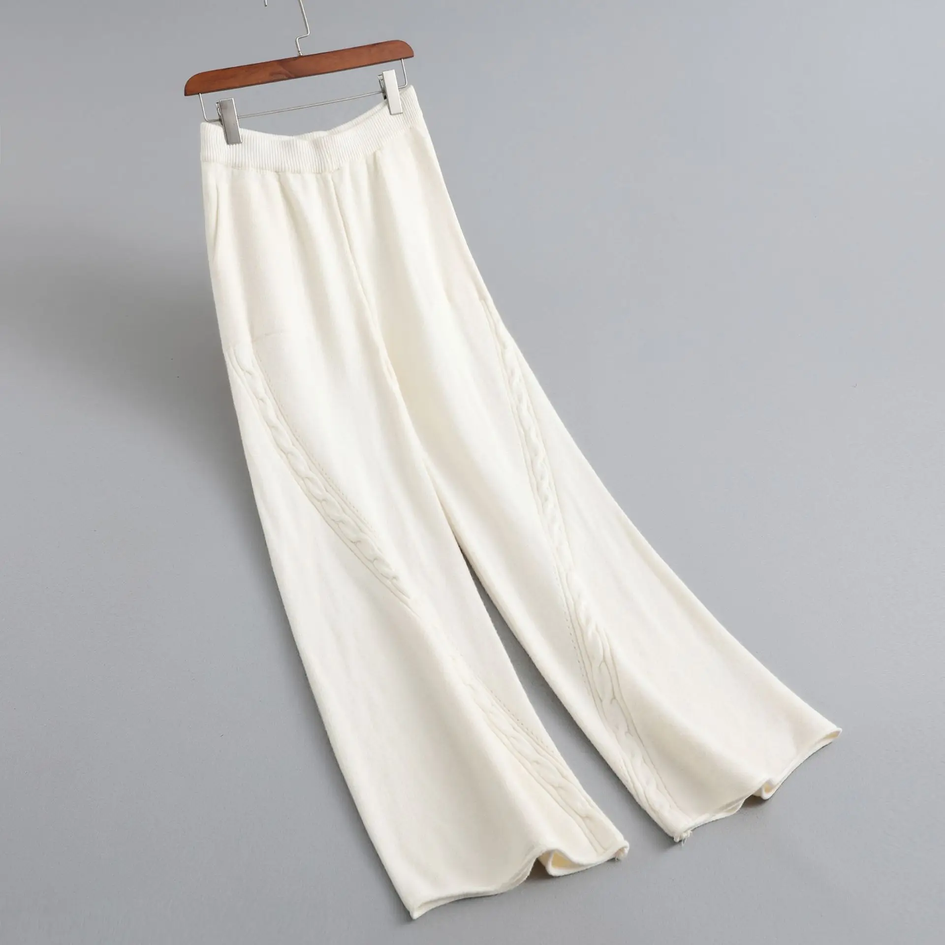 

2023 Women High Waist Knitted Long White Pants Stright Fashion High Waist Stretch Long Trousers Women Autumn Winter Warm Clothes