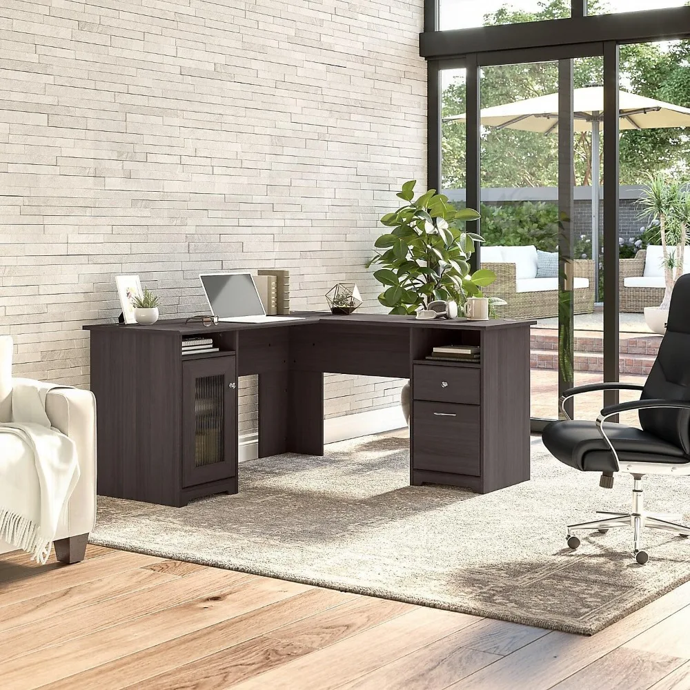 

Cabot L Shaped Computer Desk in Heather Gray | Corner Table with Drawers for Home Office