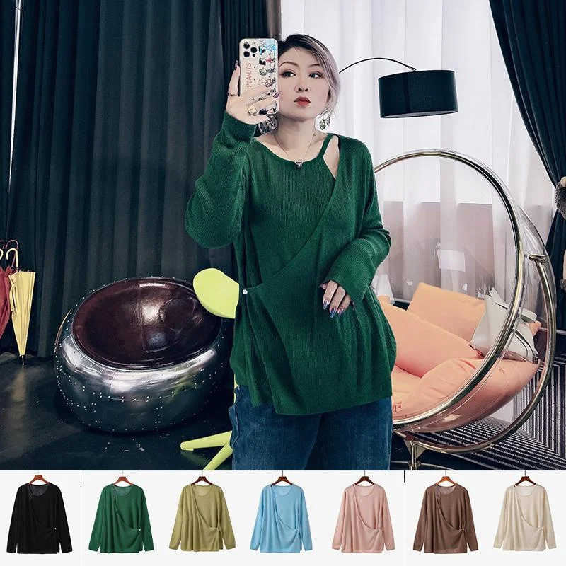 

plus Size Knitwear Faionable Loose Women's Top Trendy Korean Sle round Ne Long Sve Mid-Length Casual Comfortable