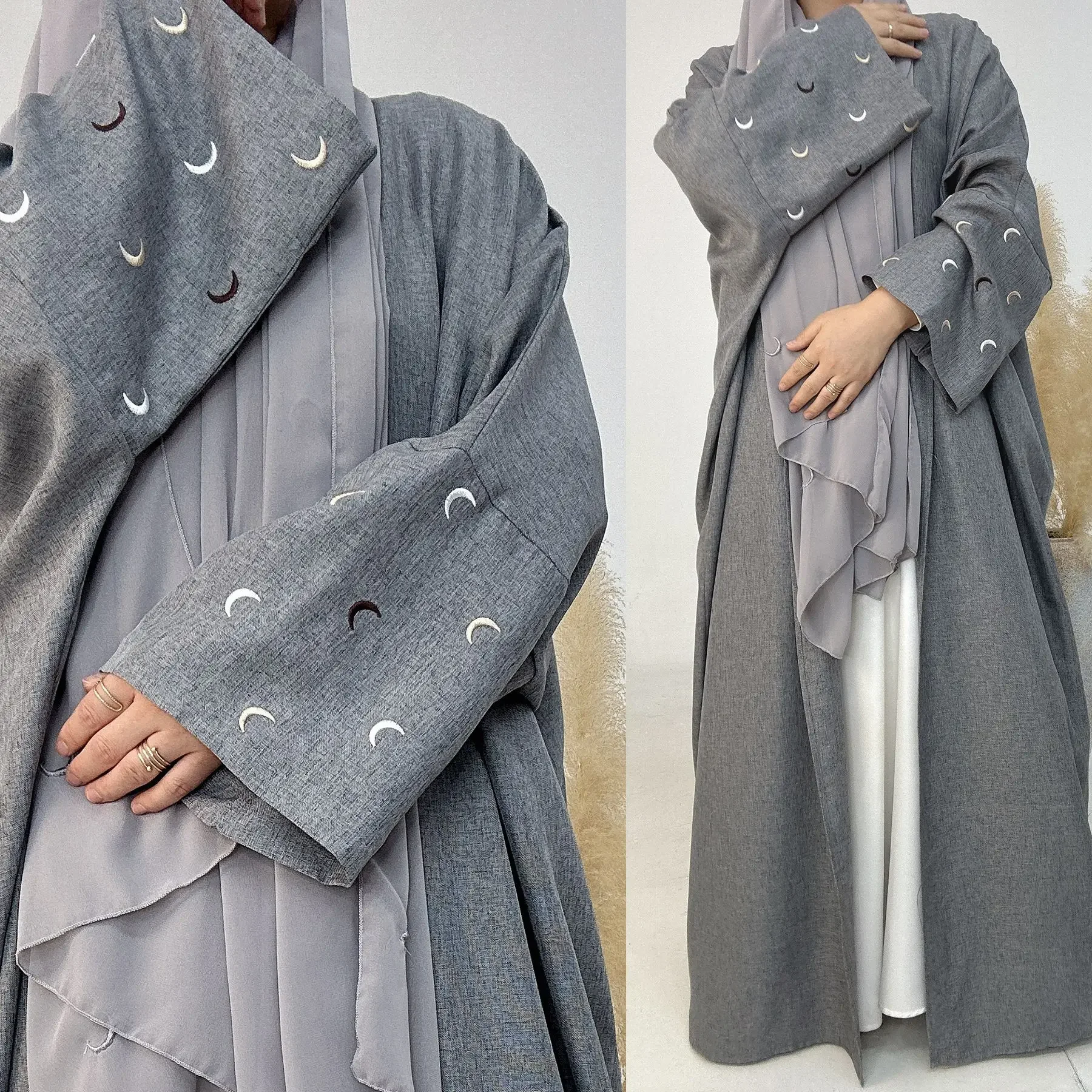 

Muslim Open Abayas for Women Moon Embroidery Thin Linen Kimono Dubai Moroccan Kaftan for Evening Party Hijab Dress Ramadan Robe