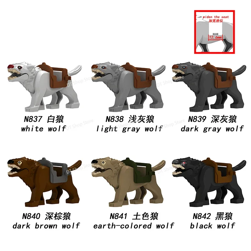 N837-842 branco preto lobo clássicos lobo modelos montagem blocos de construção acessórios animais brinquedo educativo para crianças presentes
