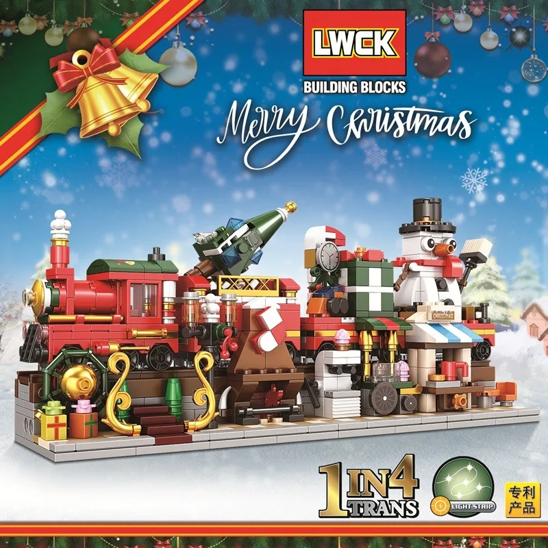 4 IN 1 Weihnachten Serie 7008 838Pcs Kreative Zug Schneemann Haus Modell Mit Licht Bausteine Ziegel Winter Stadt spielzeug Geschenk
