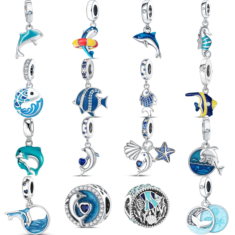 

New 925 Sterling Silver Marine Animal Charm Dolphins Whales Sharks Seahorses Beads Fit Pandora 925 Original Bracelet DIY Jewelry