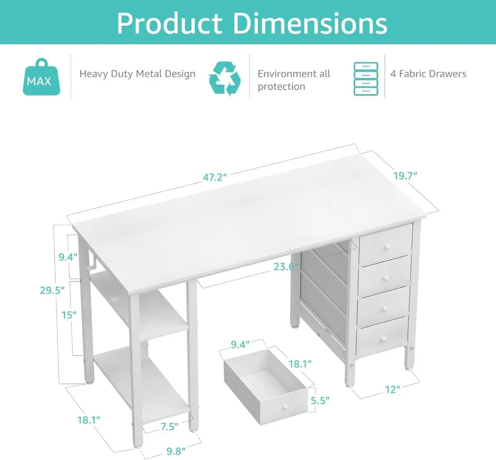 White Computer Desk with Drawers & Storage Shelves, 47 Inch Study Work Writing Desk for Home Office Bedroom, Simple Modern Cute