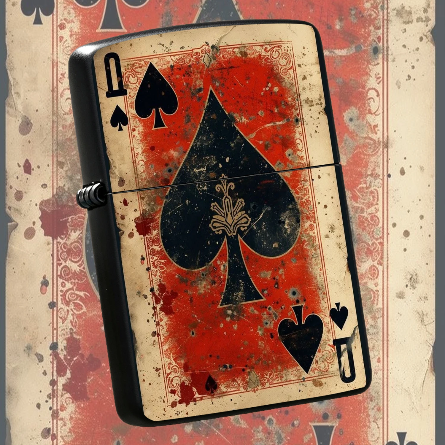 Vintage Distressed of Spades Pattern Retro Grunge Style PORTABLE Windproof Pocket Exquisite Graffiti Print  Unique Collectible Igniter Creative Gift for Men Father Friends Daily Use A fun and humorous lighter
