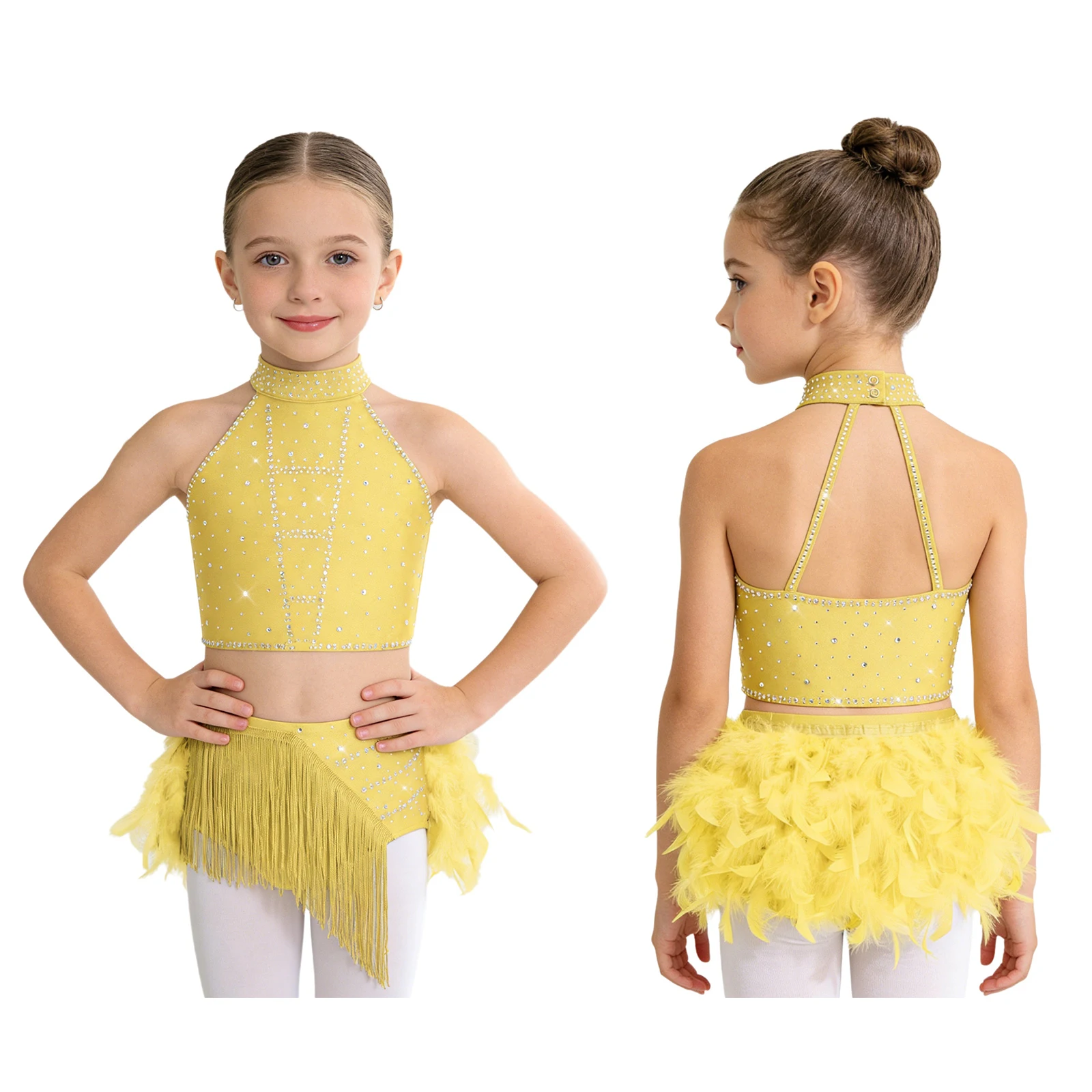 Kids Girls Latin Gymnastics Ballet Dance Performance Outfit Halter Strappy Back Crop Top with Tassels Feather Skirt Rhythmic set