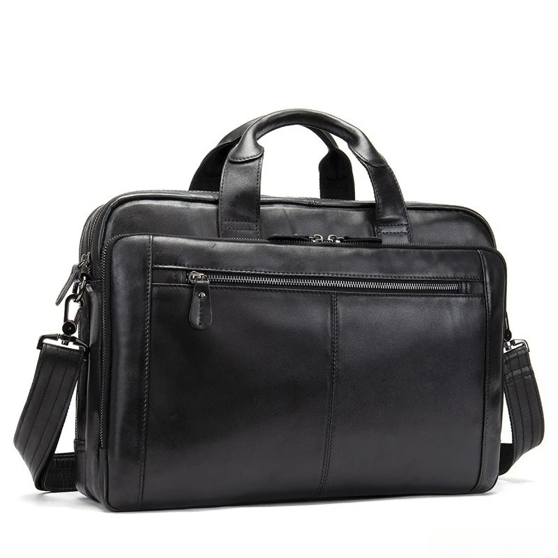 Men's Genuine Leather Briefcase 17 Inch Laptop Business Bag Top Handle Double Zipper Office Travel Work