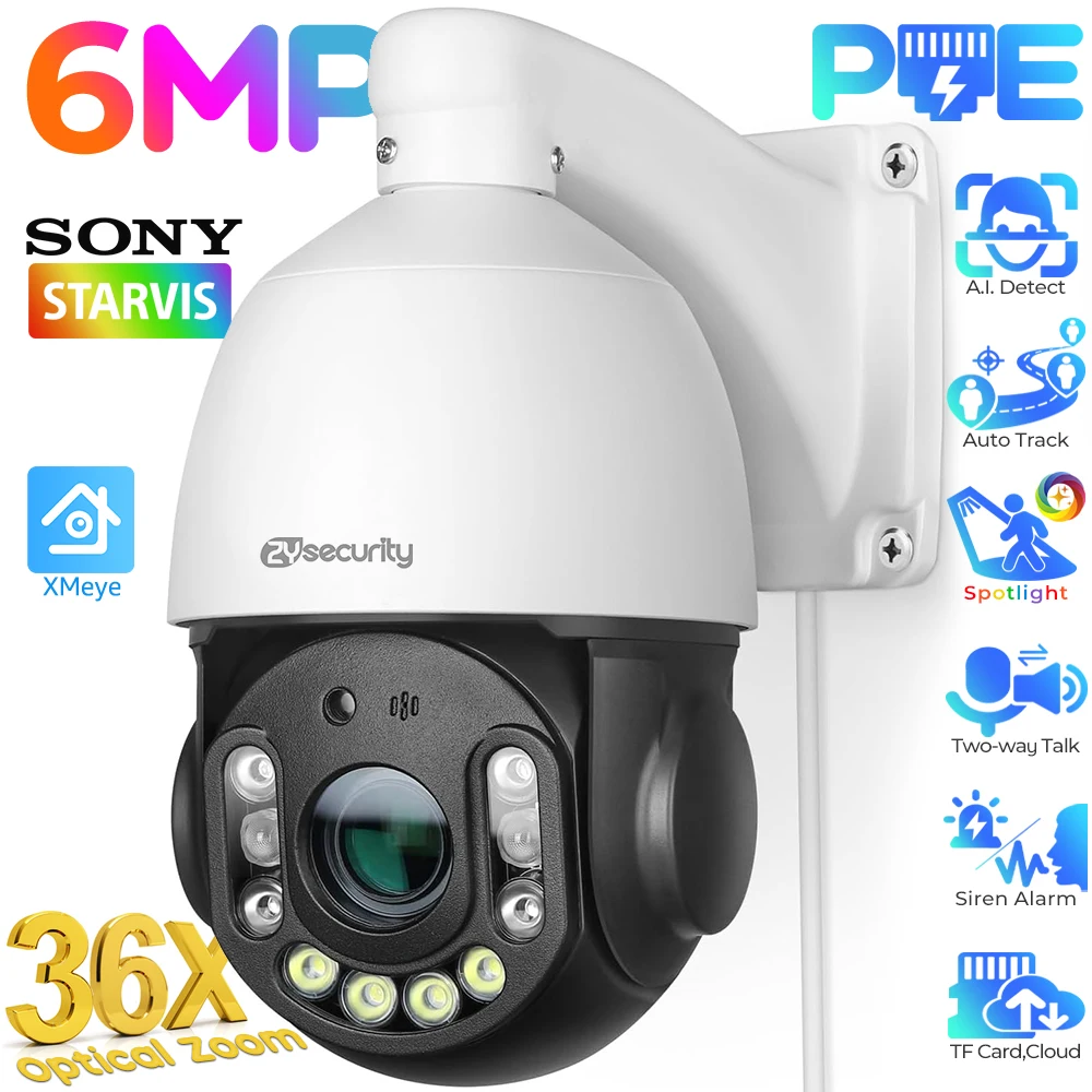 6MP IP Camera 36X Optical Zoom Outdoor PoE PTZ Camera Human Face Detect Auto Tracking Dome Security Camera Color Night View CCTV