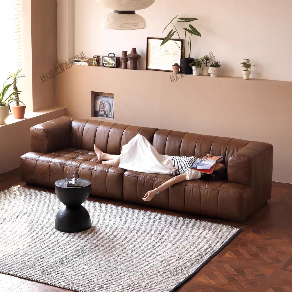 French vintage oil-wax leather sofa, mid-century hotel straight-row split sofa, minimalist tofu block sofa