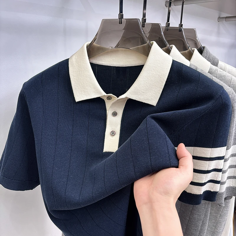 Luxury Designer Brand Men Short-Sleeved Knitted Shirt Lapel Button Flax-Containing British Style Summer Leisure Men's Clothing