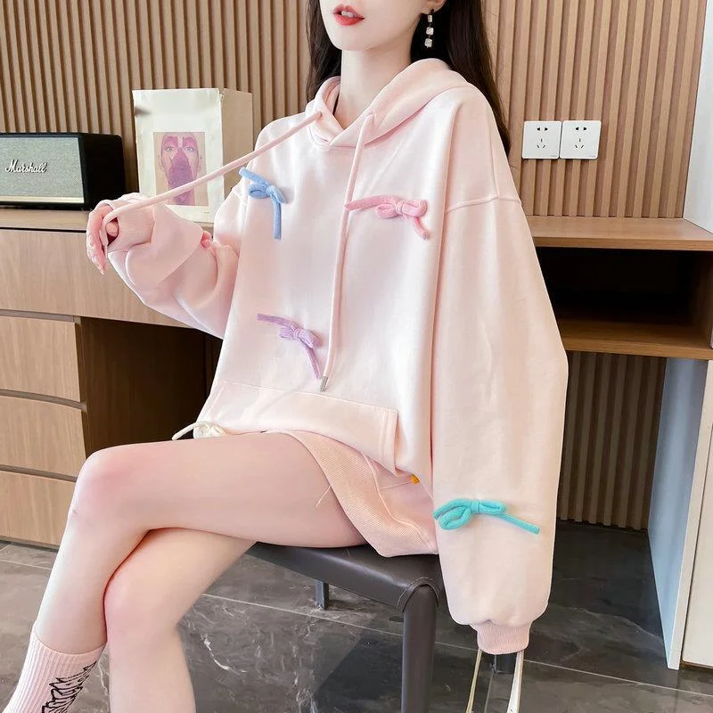 

Lovely Cute Girl Fashion Solid Pullover Casual Streetwear Hoodies Women Sweet Colorful Bow Autumn Winter Loose Hooded Sweatshirt